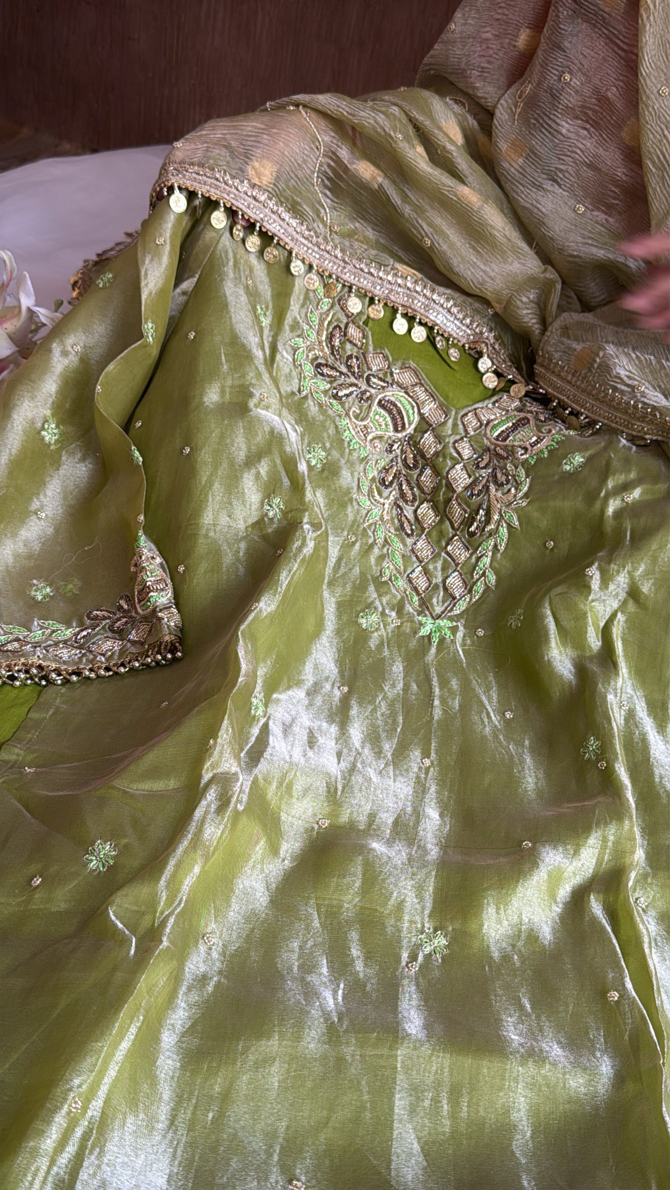 Mehendi green tissue silk hand embroidered heeramandi kadhwa suit set